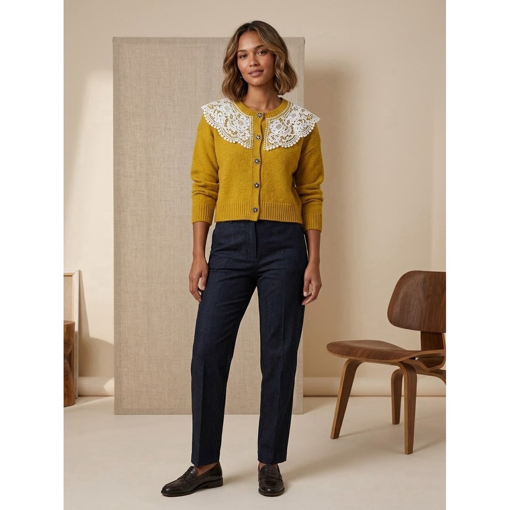 Maeve Anthropologie Cottagecore Mustard Yellow Lace Collar Cardigan S Coquette